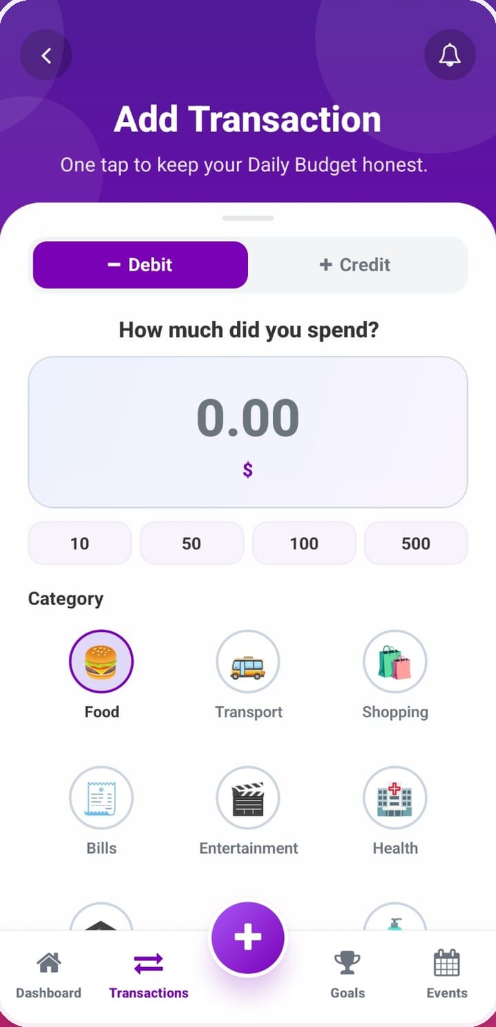 Saveet add transaction screen with quick amounts and categories
